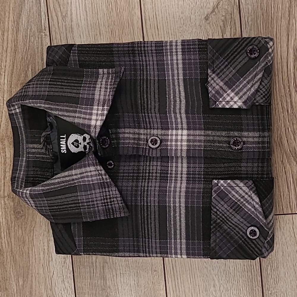 ZERO FOXTROT Dark Grey White Black Plaid Flannel Sz Small Mens Long Sleeve Shirt